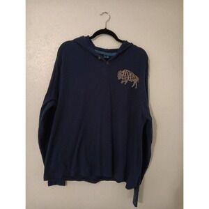 Lucky Brand Henley Hoodie Men's Sz.‎ L Blue  2 Button Front Buffalo Logo Hooded
